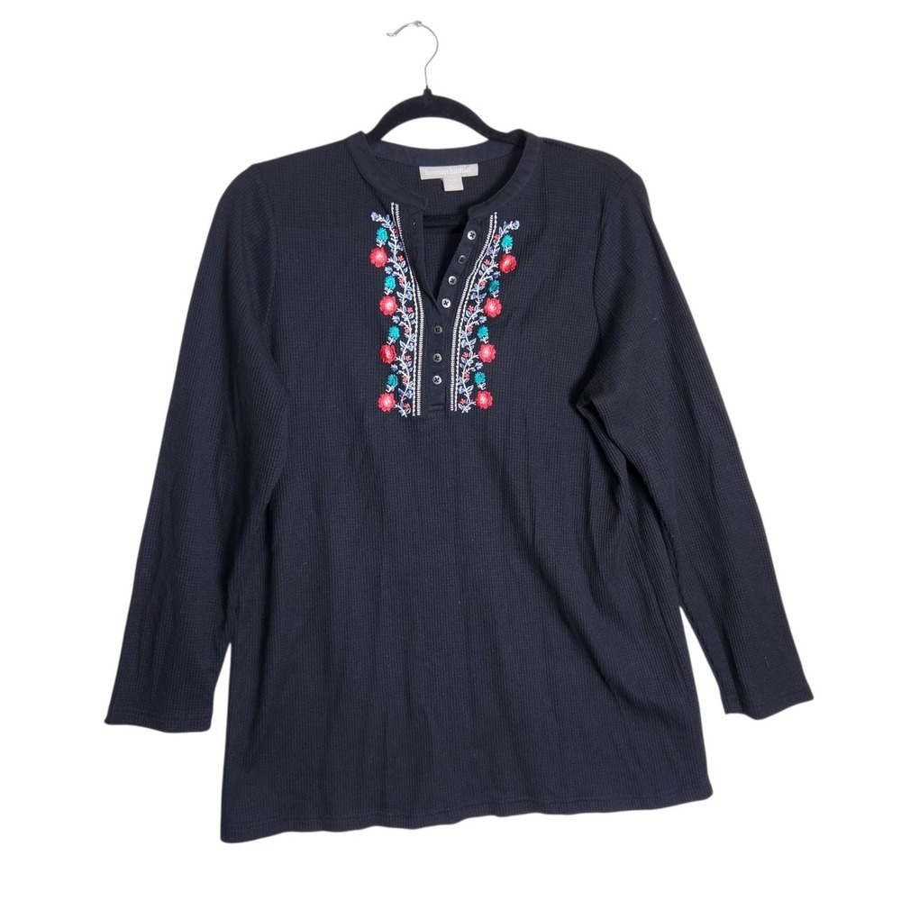 Woman Within Black Waffle Knit Henley Floral Embroidered Top 14/16 M